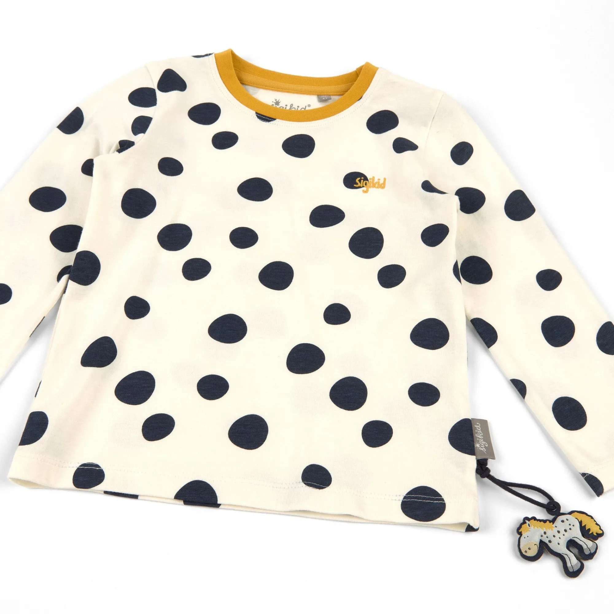 Sigikid Kollektion Tupfen Pony|Weises Kinder Langarmshirt Mit Dunkelblauen Punkten